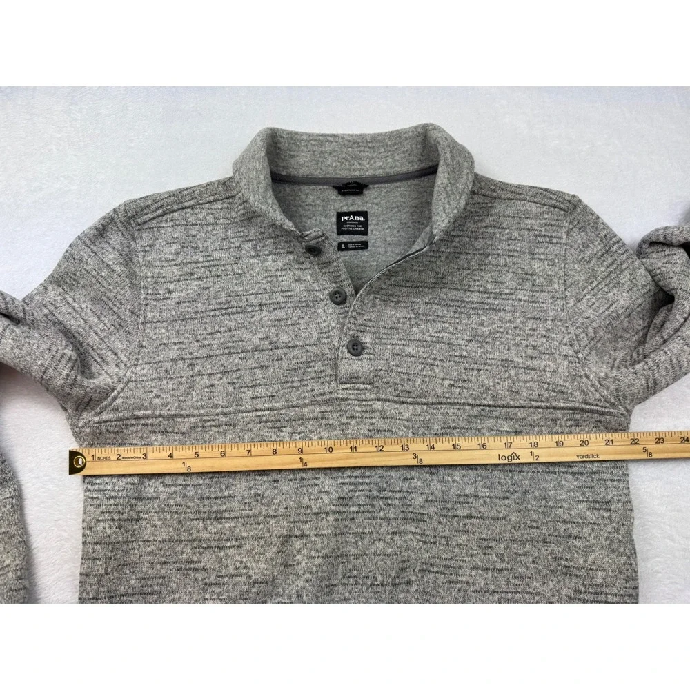 Prana Polartec Fleece Pullover Men Large Grey Heathered Button Mock Neck Sweater